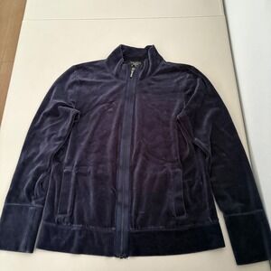 Talbots Velour Track Jacket Zip Front Mock Neck Pockets Navy Blue Size Medium